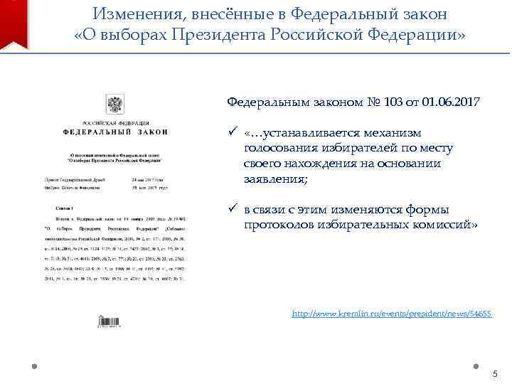 Изменения, внесённые в Федеральный закон «О выборах Президента Российской Федерации» Федеральным законом № 103