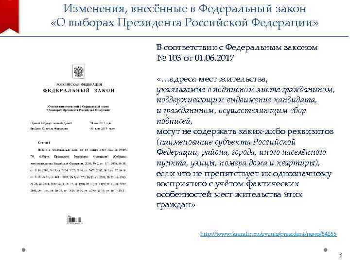 Изменения, внесённые в Федеральный закон «О выборах Президента Российской Федерации» В соответствии с Федеральным