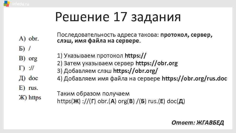 Решение 17 задания Последовательность адреса такова: протокол, сервер, слэш, имя файла на сервере. 1)