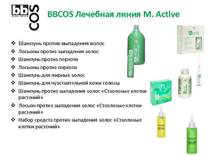 BBCOS Лечебная линия M. Active v v v v Шампунь против выпадения волос Лосьоны