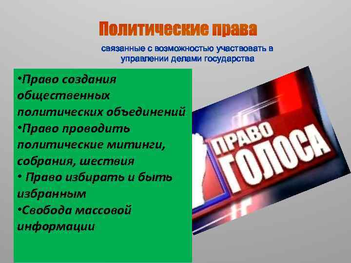 связанные с возможностью участвовать в управлении делами государства • Право создания общественных политических объединений