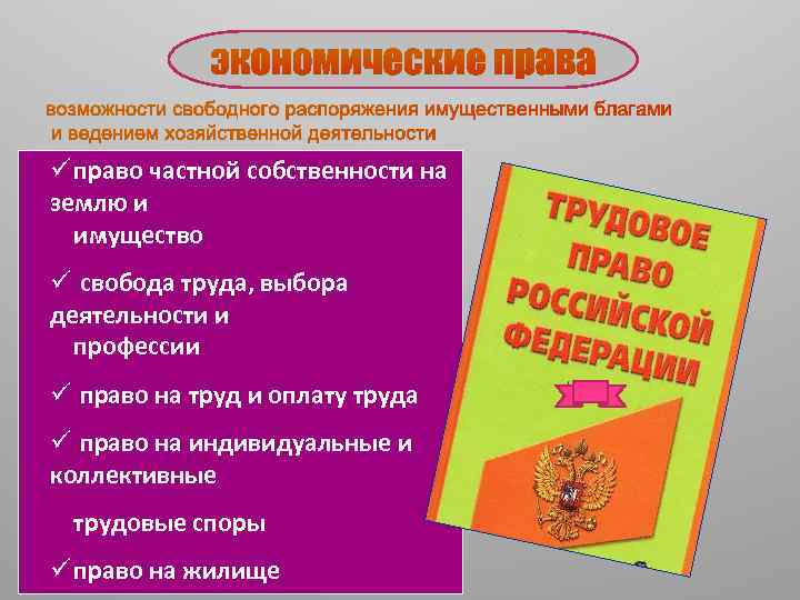 возможности свободного распоряжения имущественными благами и ведением хозяйственной деятельности ü право частной собственности на