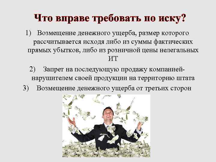 Что вправе требовать по иску? 1) Возмещение денежного ущерба, размер которого рассчитывается исходя либо