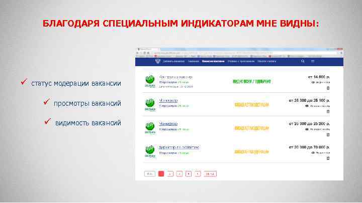 БЛАГОДАРЯ СПЕЦИАЛЬНЫМ ИНДИКАТОРАМ МНЕ ВИДНЫ: ü статус модерации вакансии ü просмотры вакансий ü видимость