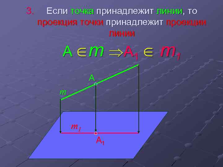 3. Если точка принадлежит линии, то проекция точки принадлежит проекции линии A m A