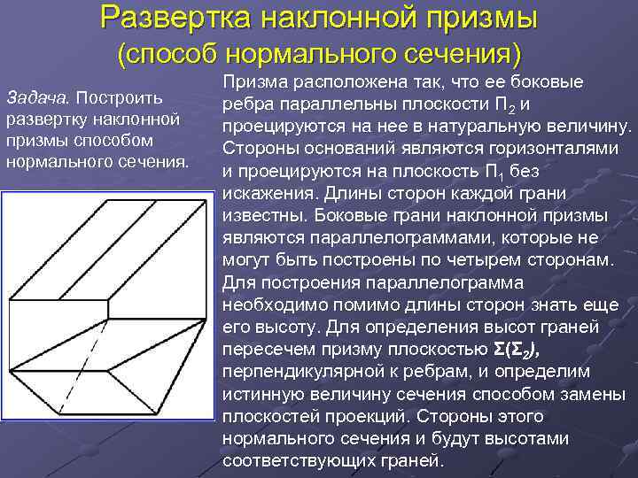 Развертка наклонной призмы (способ нормального сечения) Задача. Построить развертку наклонной призмы способом нормального сечения.