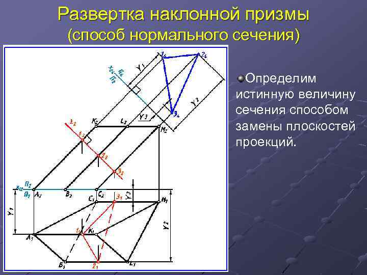 Развертка сечения. Развертка наклонной Призмы Начертательная геометрия. Развертка Призмы методом нормального сечения. Наклонная Призма развертка. Способ перемены плоскостей проекций Начертательная геометрия.