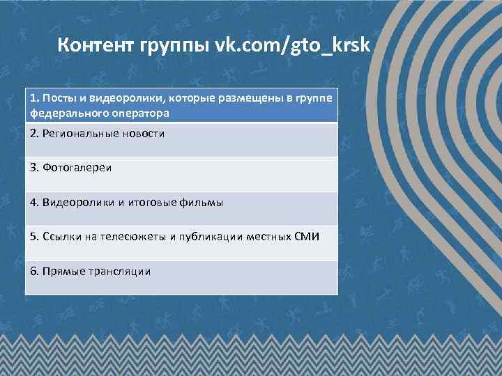 Контент группы vk. com/gto_krsk 1. Посты и видеоролики, которые размещены в группе федерального оператора