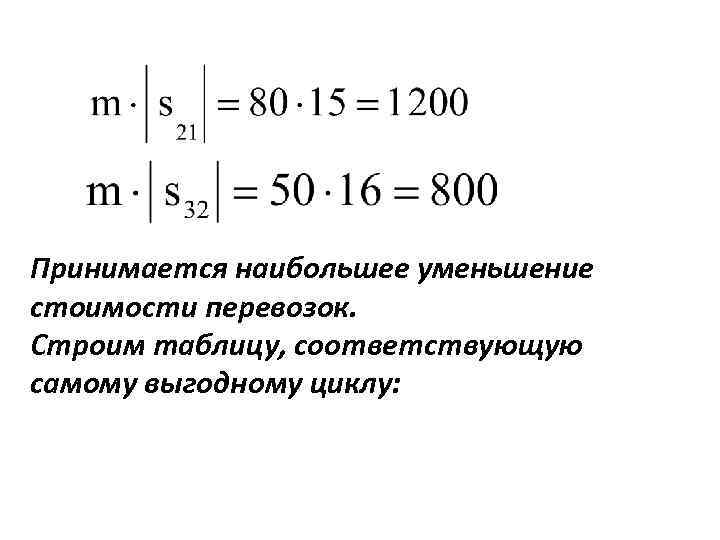 Принимается наибольшее уменьшение стоимости перевозок. Строим таблицу, соответствующую самому выгодному циклу: 