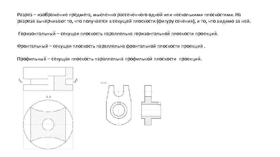 Разрез – изображение предмета, мысленно рассеченного одной или несколькими плоскостями. На разрезе вычерчивают то,