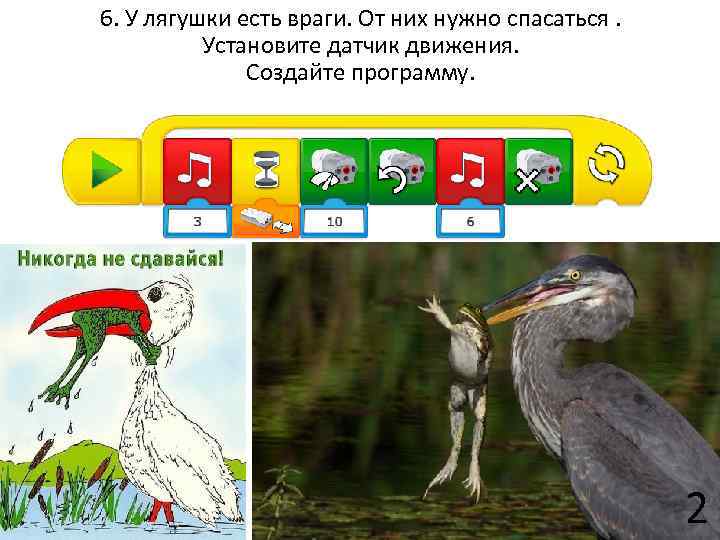 6. У лягушки есть враги. От них нужно спасаться. Установите датчик движения. Создайте программу.