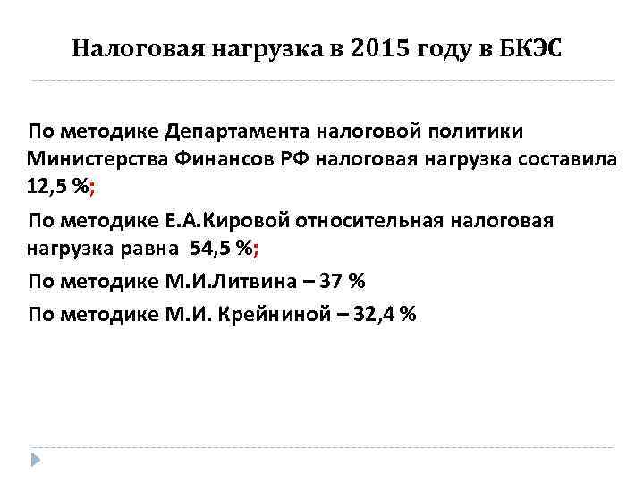 Налоговая нагрузка в 2015 году в БКЭС По методике Департамента налоговой политики Министерства Финансов