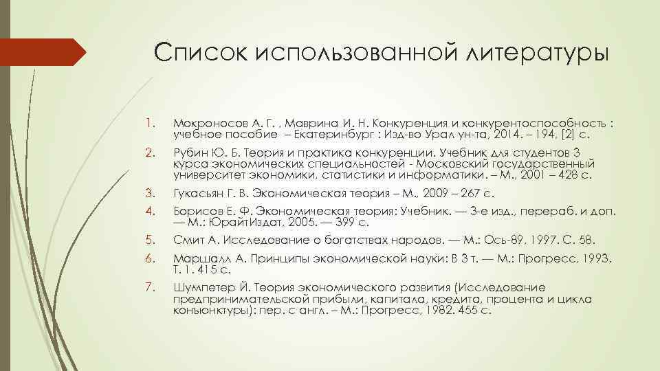 Список использованной литературы 1. Мокроносов А. Г. , Маврина И. Н. Конкуренция и конкурентоспособность