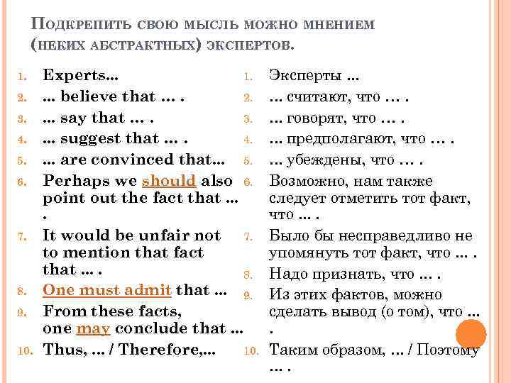 ПОДКРЕПИТЬ СВОЮ МЫСЛЬ МОЖНО МНЕНИЕМ (НЕКИХ АБСТРАКТНЫХ) ЭКСПЕРТОВ. 1. 2. 3. 4. 5. 6.