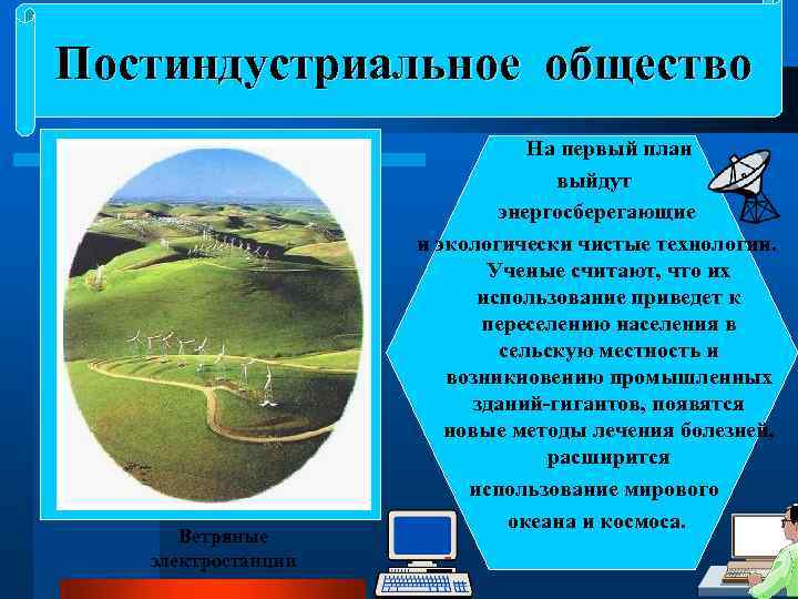 Постиндустриальное общество Ветряные электростанции На первый план выйдут энергосберегающие и экологически чистые технологии. Ученые