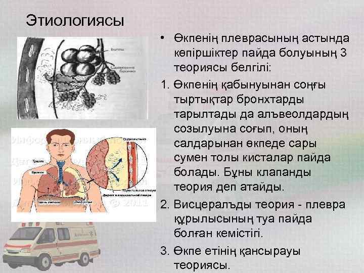 Этиологиясы • Өкпенің плеврасының астында көпіршіктер пайда болуының 3 теориясы белгілі: 1. Өкпенің қабынуынан