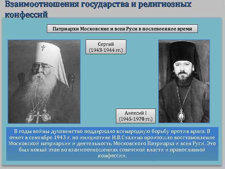 Взаимоотношения государства и религиозных конфессий Патриархи Московские и всея Руси в послевоенное время Сергий