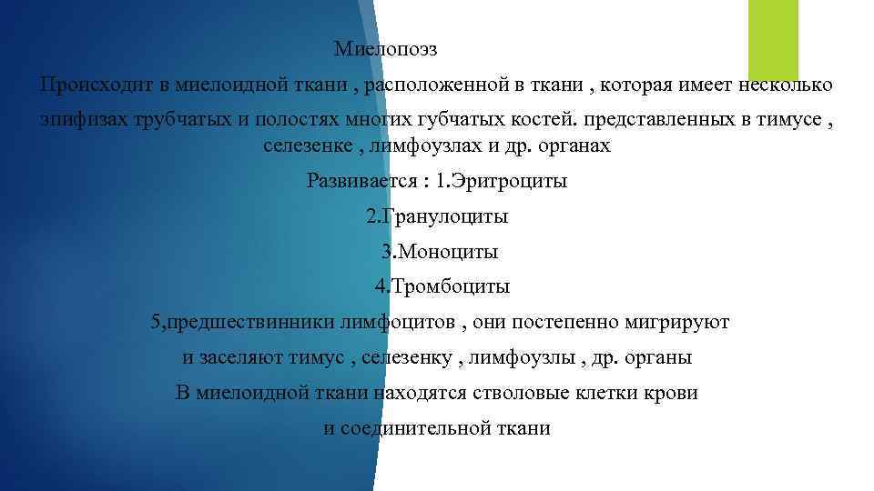 Миелопоэз Происходит в миелоидной ткани , расположенной в ткани , которая имеет несколько эпифизах