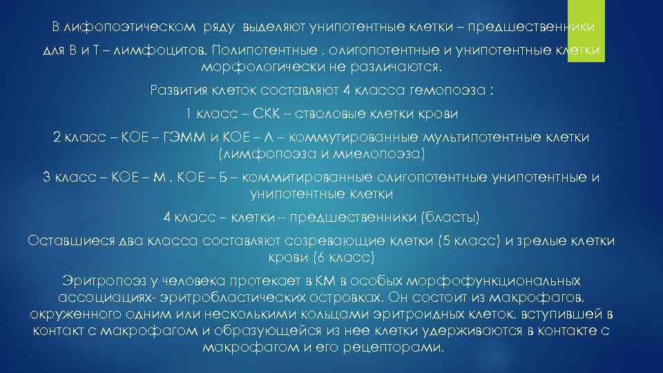 В лифопоэтическом ряду выделяют унипотентные клетки – предшественники для В и Т – лимфоцитов.