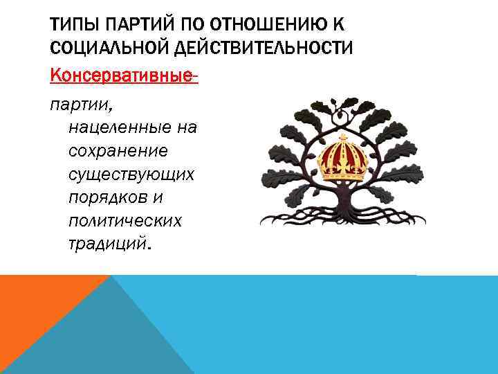 ТИПЫ ПАРТИЙ ПО ОТНОШЕНИЮ К СОЦИАЛЬНОЙ ДЕЙСТВИТЕЛЬНОСТИ Консервативныепартии, нацеленные на сохранение существующих порядков и