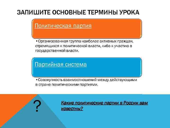 ЗАПИШИТЕ ОСНОВНЫЕ ТЕРМИНЫ УРОКА ? Какие политические партии в России вам известны? 