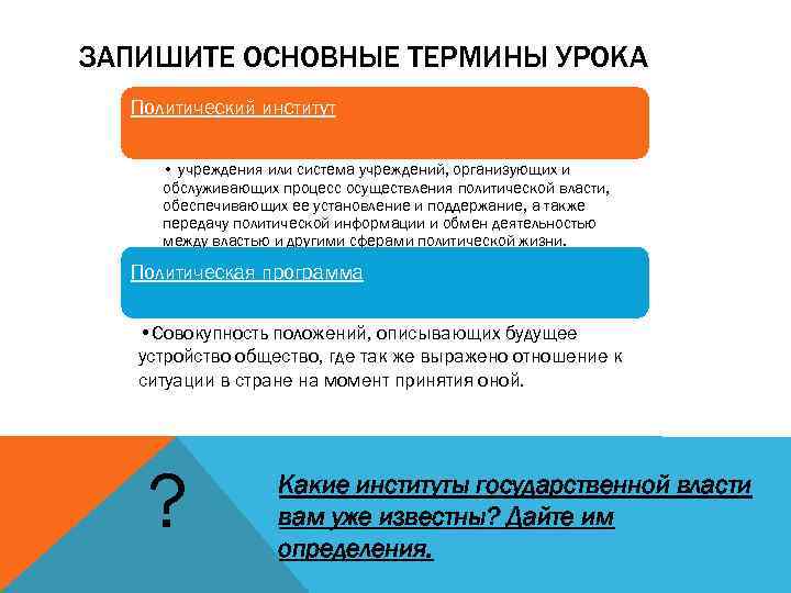 ЗАПИШИТЕ ОСНОВНЫЕ ТЕРМИНЫ УРОКА Политический институт • учреждения или система учреждений, организующих и обслуживающих