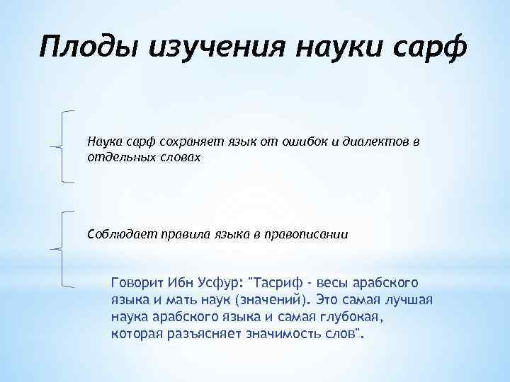 Плоды изучения науки сарф Наука сарф сохраняет язык от ошибок и диалектов в отдельных