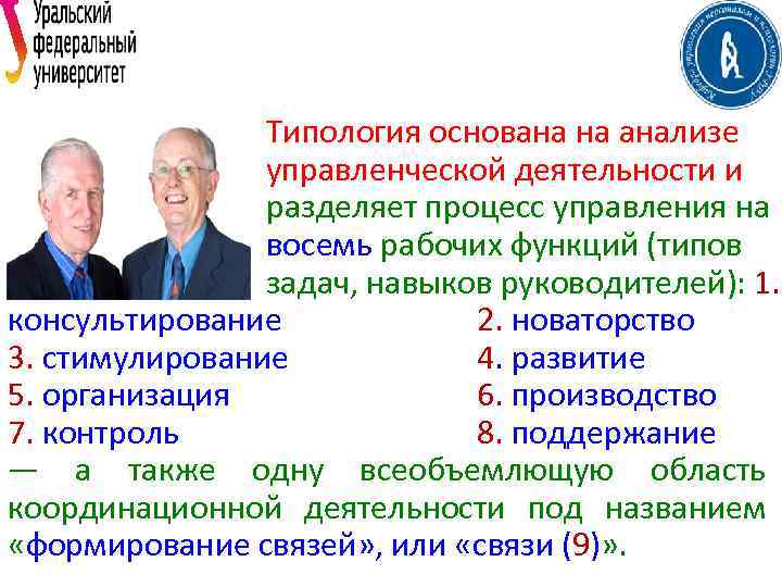 Типология основана на анализе управленческой деятельности и разделяет процесс управления на восемь рабочих функций