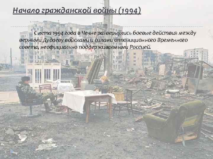 Начало гражданской войны (1994) С лета 1994 года в Чечне развернулись боевые действия между