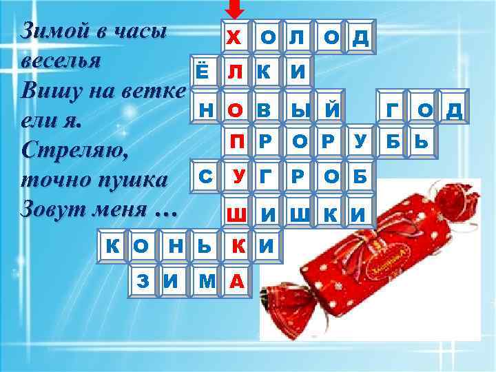 Зимой в часы веселья Вишу на ветке ели я. Стреляю, точно пушка Зовут меня