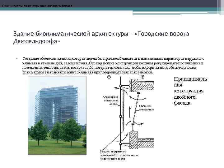 Принципиальная конструкция двойного фасада Здание биоклиматической архитектуры – «Городские ворота Дюссельдорфа» • Cоздание оболочки