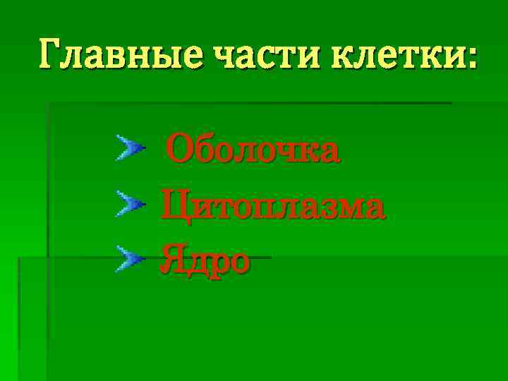 Главные части клетки: Оболочка Цитоплазма Ядро 