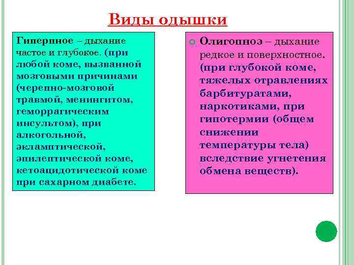 Виды одышки Гиперпное – дыхание частое и глубокое. (при любой коме, вызванной мозговыми причинами