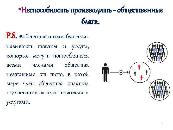  • Неспособность производить - общественные блага. P. S. «общественными благами» называют товары и