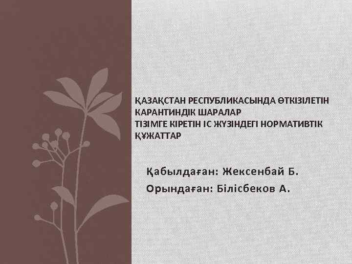 ҚАЗАҚСТАН РЕСПУБЛИКАСЫНДА ӨТКІЗІЛЕТІН КАРАНТИНДІК ШАРАЛАР ТІЗІМГЕ КІРЕТІН ІС ЖҮЗІНДЕГІ НОРМАТИВТІК ҚҰЖАТТАР Қабылдаған: Жексенбай Б.