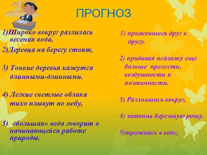 ПРОГНОЗ 1)Широко вокруг разлилась весеняя вода, 2)Деревца на берегу стоят, 1) прижавшись друг к