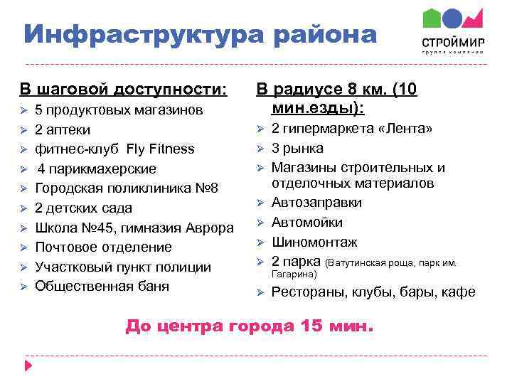 Инфраструктура района В шаговой доступности: Ø Ø Ø Ø Ø 5 продуктовых магазинов 2