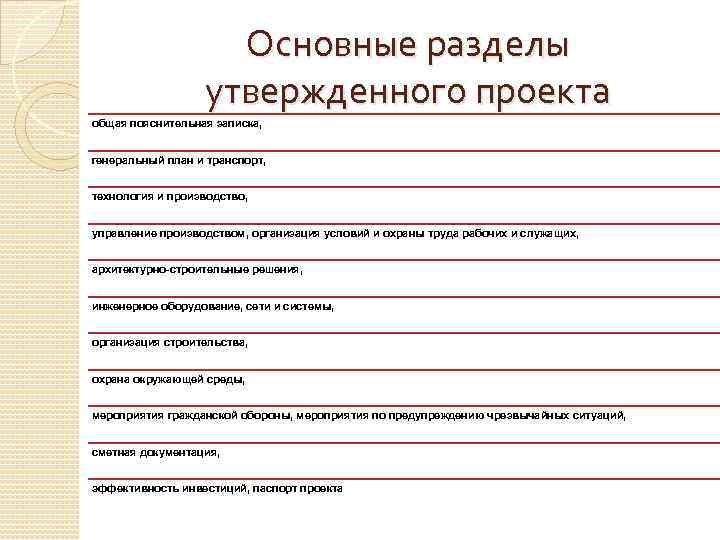 Основные разделы утвержденного проекта общая пояснительная записка, генеральный план и транспорт, технология и производство,