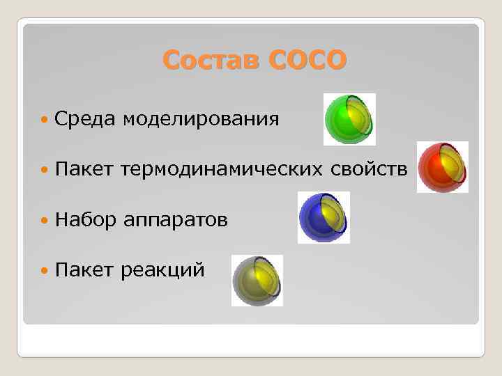 Состав СОСО Среда моделирования Пакет термодинамических свойств Набор аппаратов Пакет реакций 