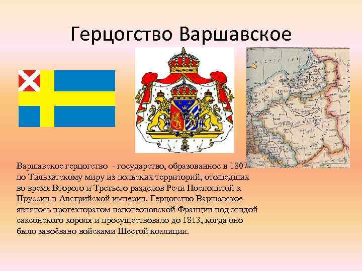 Герцогство Варшавское герцогство - государство, образованное в 1807 по Тильзитскому миру из польских территорий,