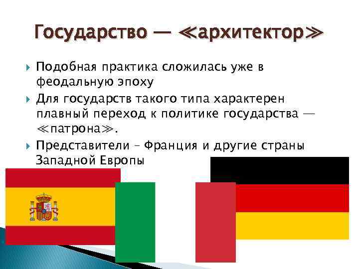 Государство — ≪архитектор≫ Подобная практика сложилась уже в феодальную эпоху Для государств такого типа