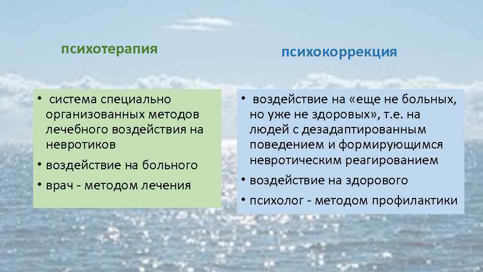 психотерапия • система специально организованных методов лечебного воздействия на невротиков • воздействие на больного