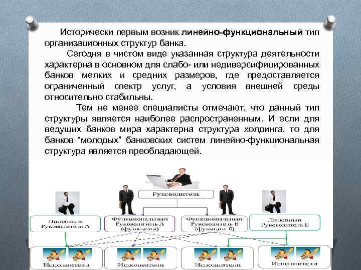  Исторически первым возник линейно-функциональный тип организационных структур банка. Сегодня в чистом виде указанная