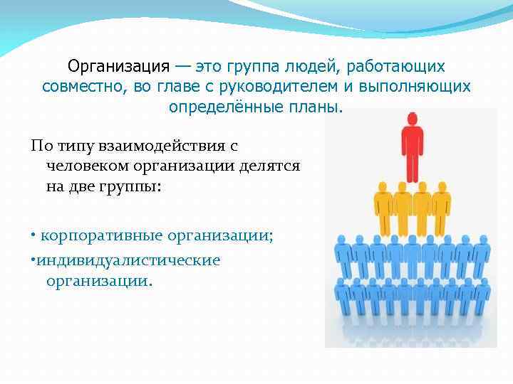 Организация — это группа людей, работающих совместно, во главе с руководителем и выполняющих определённые