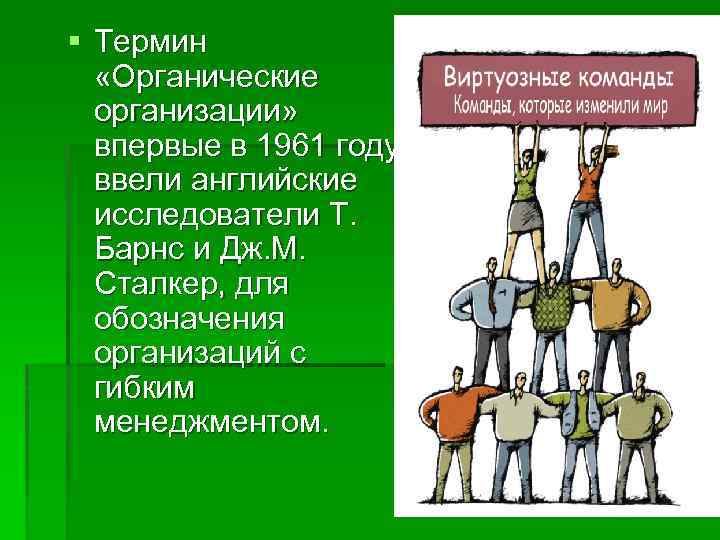 § Термин «Органические организации» впервые в 1961 году ввели английские исследователи Т. Барнс и