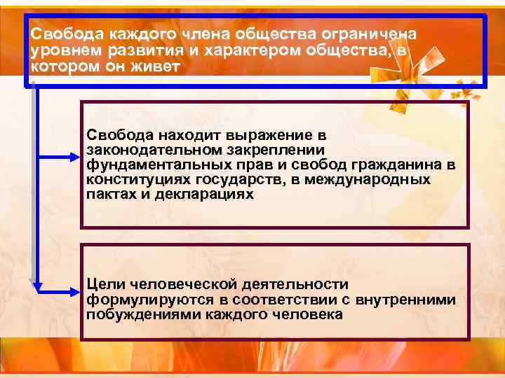 Свобода каждого члена общества ограничена уровнем развития и характером общества, в котором он живет