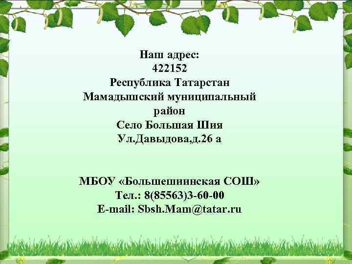 Наш адрес: 422152 Республика Татарстан Мамадышский муниципальный район Село Большая Шия Ул. Давыдова, д.