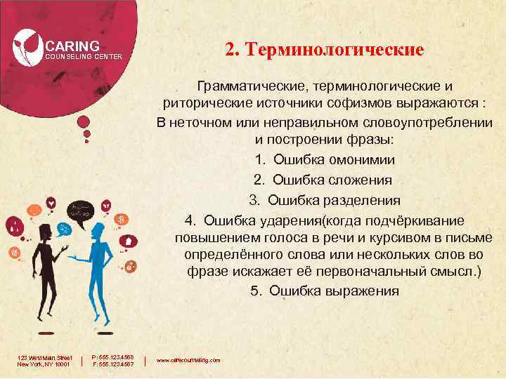 2. Терминологические CARING COUNSELING CENTER Грамматические, терминологические и риторические источники софизмов выражаются : В