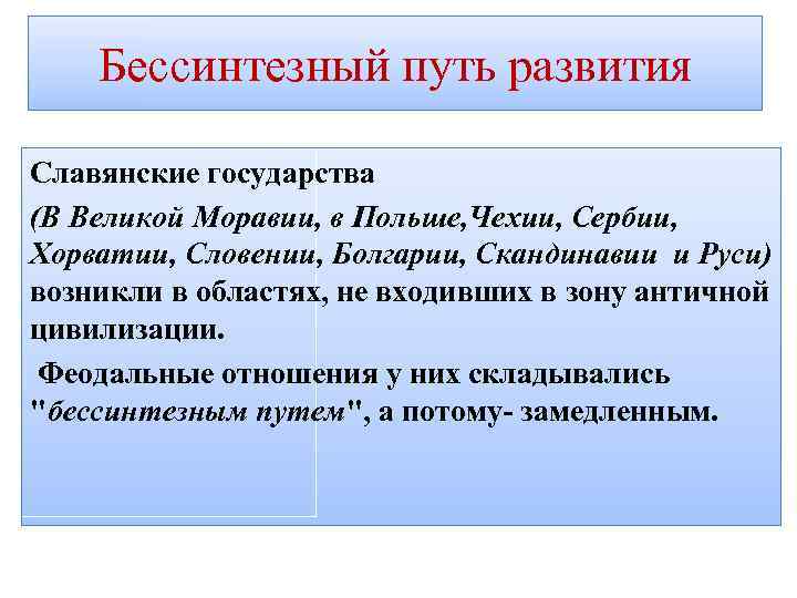 Бессинтезный путь развития Славянские государства (В Великой Моравии, в Польше, Чехии, Сербии, Хорватии, Словении,