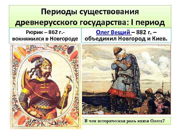 Периоды существования древнерусского государства: I период Рюрик – 862 г. вокняжился в Новгороде Олег